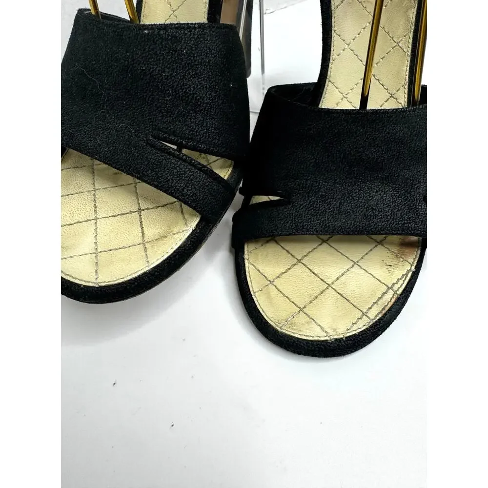 Chanel Black Grosgrain Faux Pearl Slide Sandals CC Logo EU 37.5